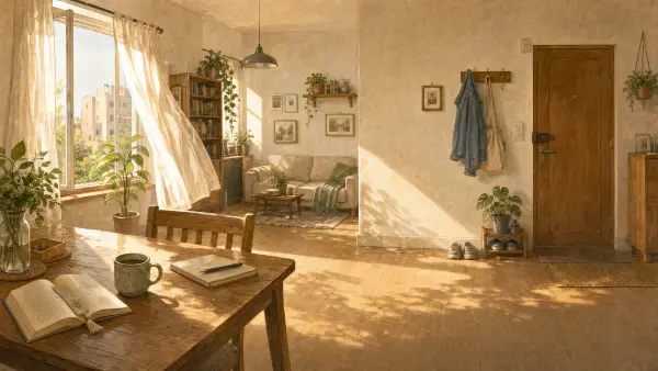 Illustrated spread showing warm morning light across a family living room